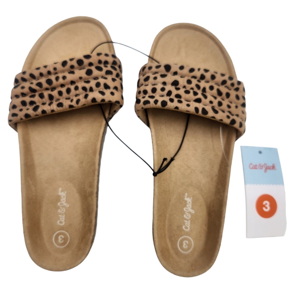 Cat & Jack Youth Girls Selma Tan Animal‎ Print Sandals Size 3 Slide On Brown